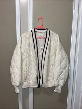 aerie Cream Quilted Sleeve Cardigan with Navy Trim